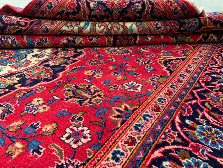 Handmade Persian Wool Area Rug 7x10 - Red, Navy & Ivory Floral Medallion Persian Style Rug - Exact Size 10'5" x 6'6" - KBHM-698