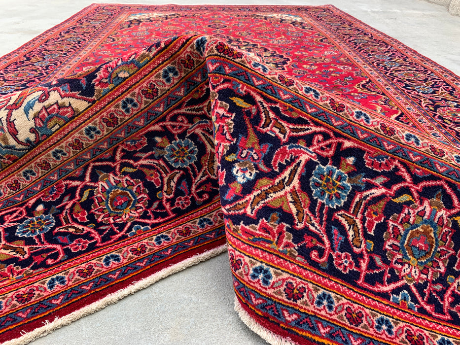 Handmade Persian Wool Area Rug 7x10 - Red, Navy & Ivory Floral Medallion Persian Style Rug - Exact Size 10'5" x 6'6" - KBHM-698