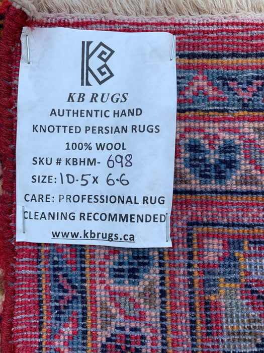 Handmade Persian Wool Area Rug 7x10 - Red, Navy & Ivory Floral Medallion Persian Style Rug - Exact Size 10'5" x 6'6" - KBHM-698
