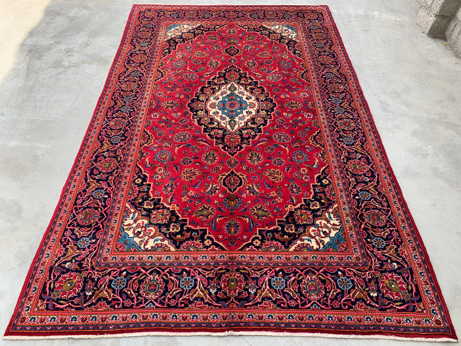 Handmade Persian Wool Area Rug 7x10 - Red, Navy & Ivory Floral Medallion Persian Style Rug - Exact Size 10'5" x 6'6" - KBHM-698