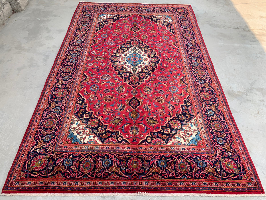 Handmade Persian Wool Area Rug 7x10 - Red, Navy & Ivory Floral Medallion Persian Style Rug - Exact Size 10'5" x 6'6" - KBHM-698