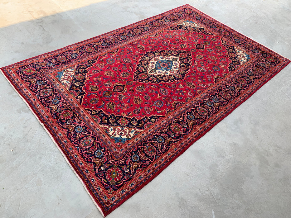 Handmade Persian Wool Area Rug 7x10 - Red, Navy & Ivory Floral Medallion Persian Style Rug - Exact Size 10'5" x 6'6" - KBHM-698