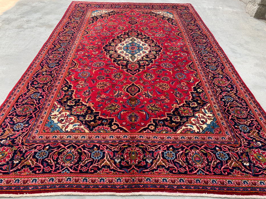 Handmade Persian Wool Area Rug 7x10 - Red, Navy & Ivory Floral Medallion Persian Style Rug - Exact Size 10'5" x 6'6" - KBHM-698