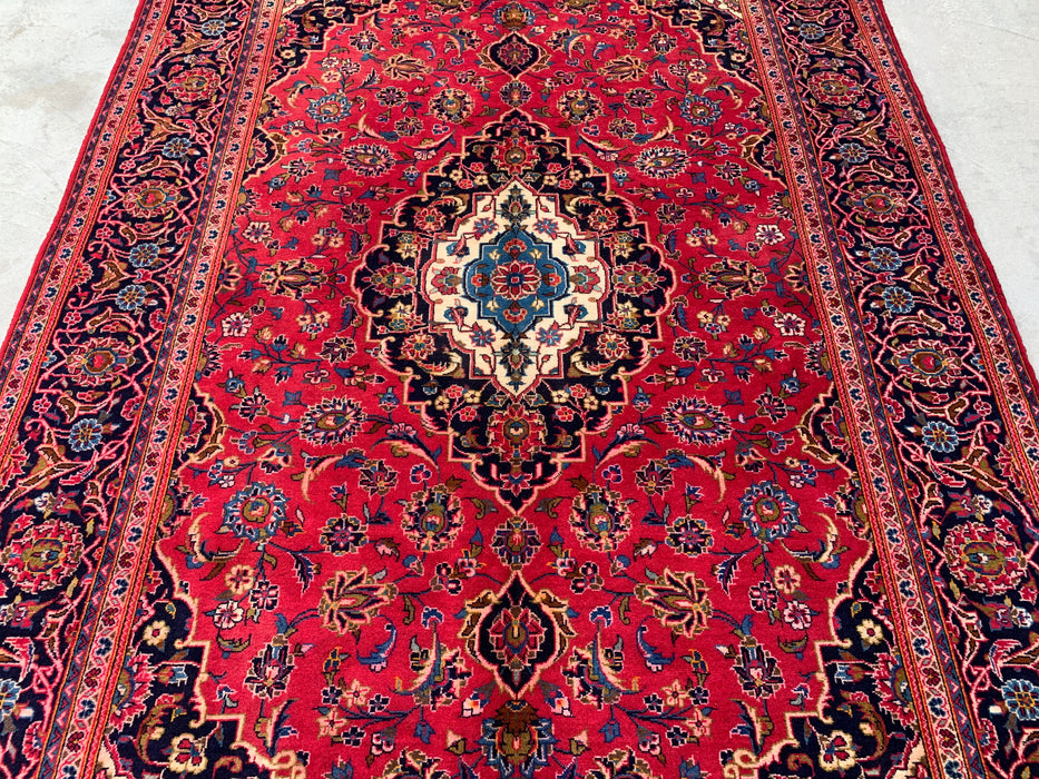 Handmade Persian Wool Area Rug 7x10 - Red, Navy & Ivory Floral Medallion Persian Style Rug - Exact Size 10'5" x 6'6" - KBHM-698