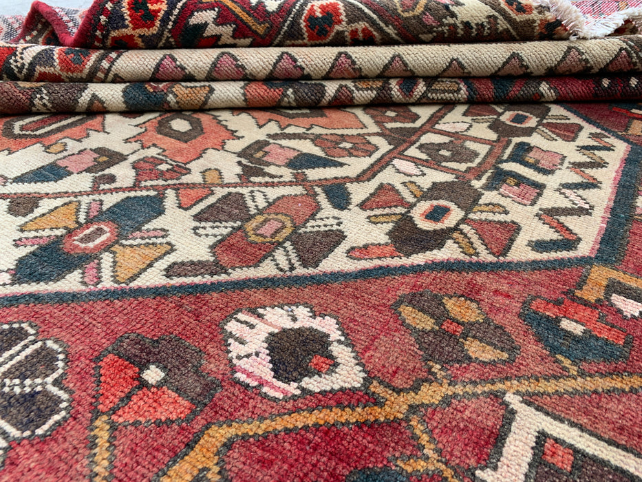 9'8" x 6'9" Hand-Knotted Persian Wool Rug – Red, Ivory & Brown Tribal Geometric Design – KBHM-699