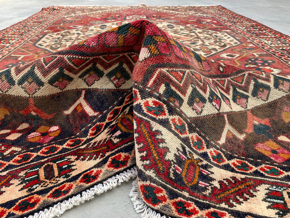 9'8" x 6'9" Hand-Knotted Persian Wool Rug – Red, Ivory & Brown Tribal Geometric Design – KBHM-699
