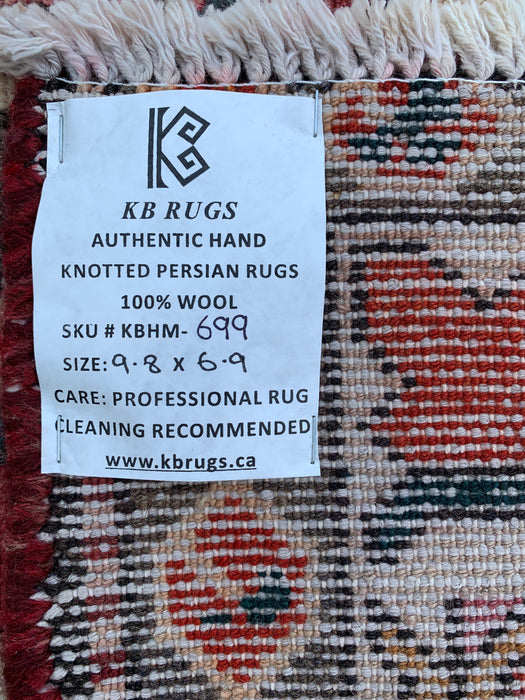 9'8" x 6'9" Hand-Knotted Persian Wool Rug – Red, Ivory & Brown Tribal Geometric Design – KBHM-699