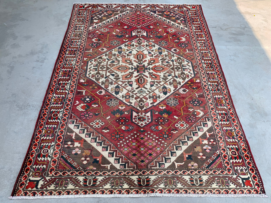 9'8" x 6'9" Hand-Knotted Persian Wool Rug – Red, Ivory & Brown Tribal Geometric Design – KBHM-699