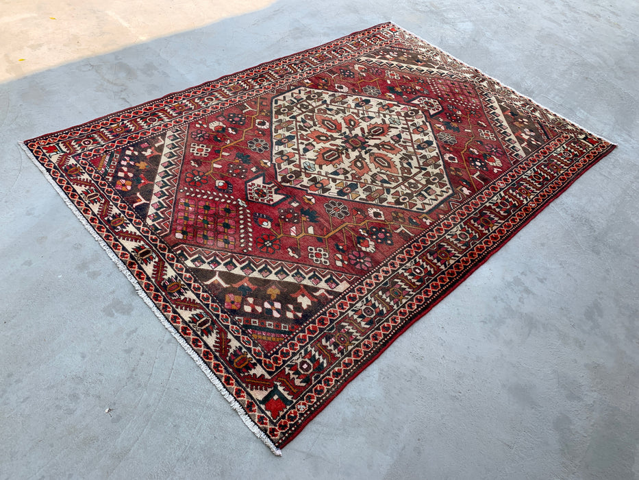 9'8" x 6'9" Hand-Knotted Persian Wool Rug – Red, Ivory & Brown Tribal Geometric Design – KBHM-699