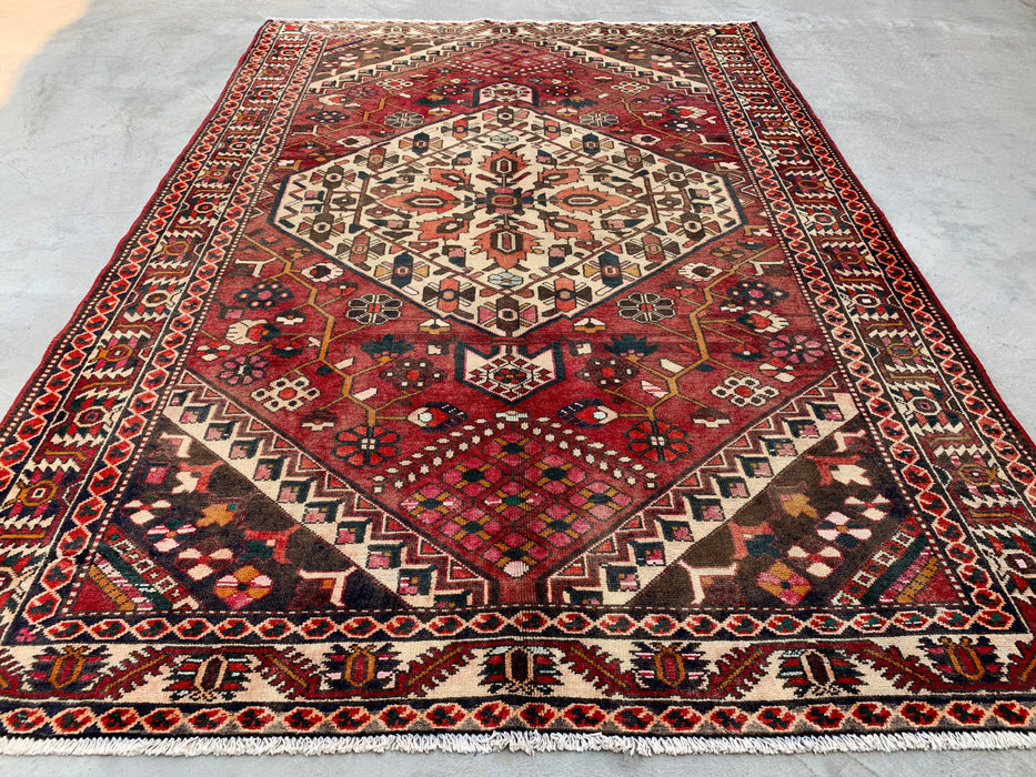 9'8" x 6'9" Hand-Knotted Persian Wool Rug – Red, Ivory & Brown Tribal Geometric Design – KBHM-699