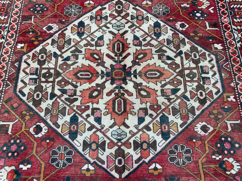 9'8" x 6'9" Hand-Knotted Persian Wool Rug – Red, Ivory & Brown Tribal Geometric Design – KBHM-699