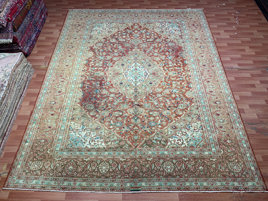 10’0” × 12’6” Hand-Knotted Persian Wool Rug – Terracotta Red with Sage & Ivory Accents