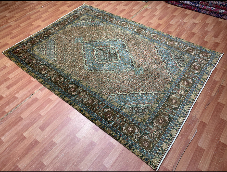 6’5” x 9’2” Hand-Knotted Persian Wool Rug – Brown & Teal Medallion Design