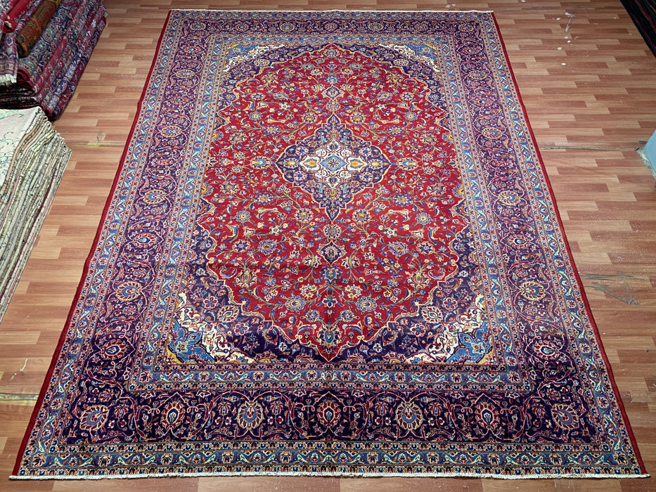 9’8” × 12’11” Hand-Knotted Wool Rug – Red with Navy & Light Blue Floral Medallion Design