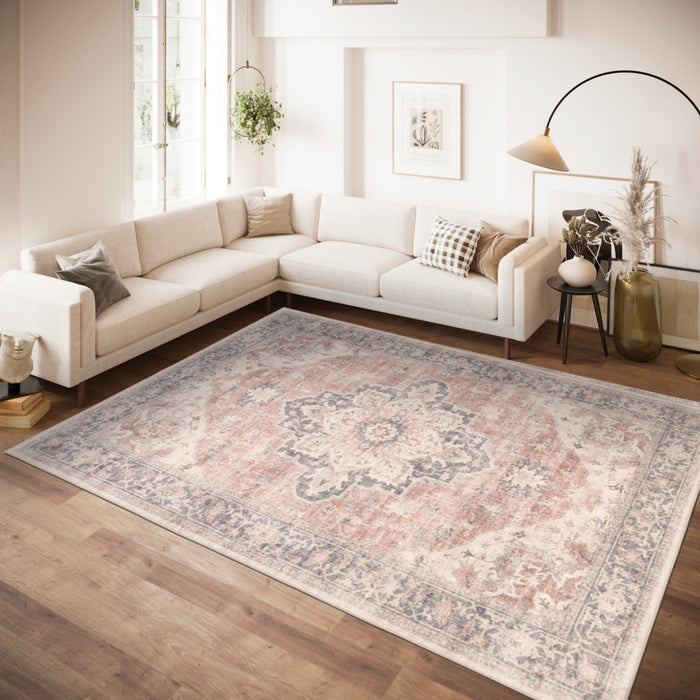 Premium Washable Non-Slip Rug – Blush Medallion (Machine Washable)