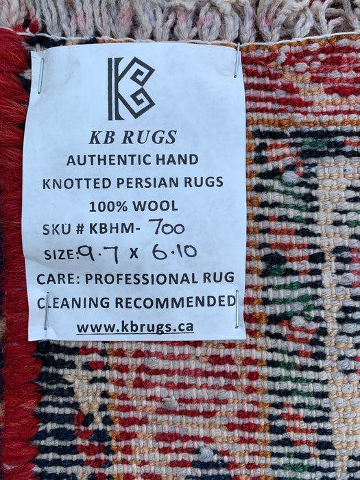 Handmade Persian Wool Area Rug 7x10 - Red, Navy & Ivory Tribal Panel Persian Style Rug - Exact Size 9'7" x 6'10" - KBHM-700