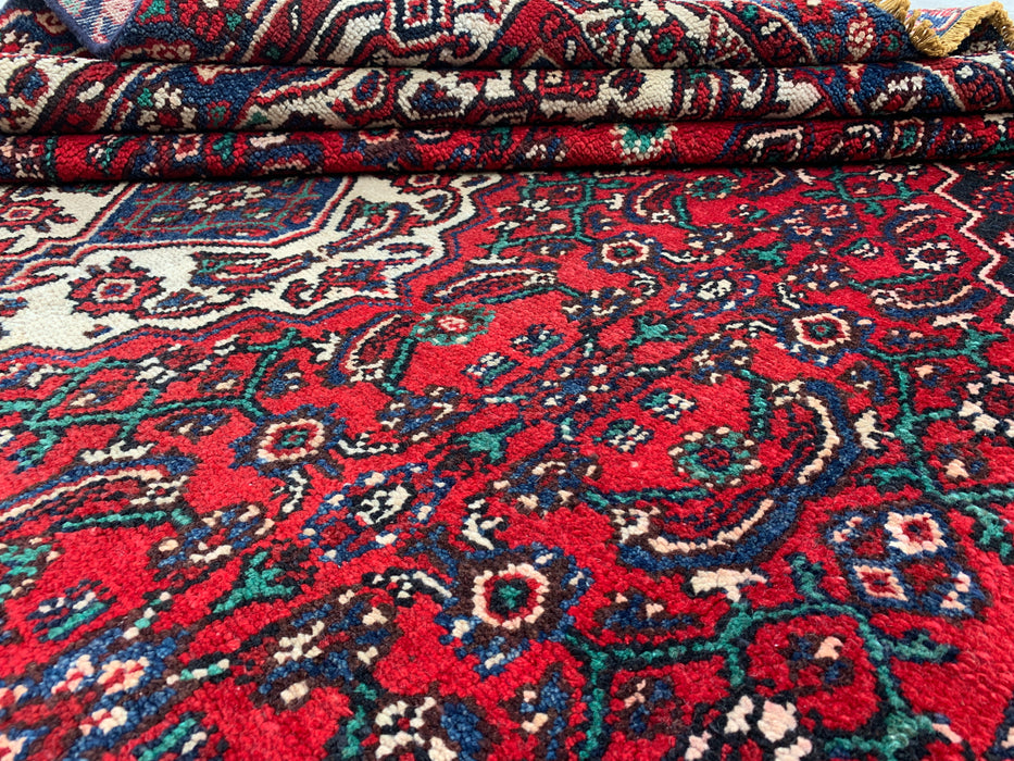 9'9" x 7'4" Hand-Knotted Persian Wool Rug – Red, Navy & Ivory Floral Medallion Design – KBHM-701