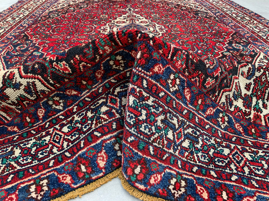 9'9" x 7'4" Hand-Knotted Persian Wool Rug – Red, Navy & Ivory Floral Medallion Design – KBHM-701