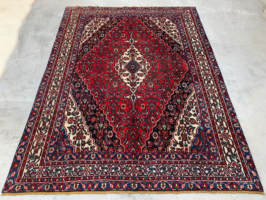 9'9" x 7'4" Hand-Knotted Persian Wool Rug – Red, Navy & Ivory Floral Medallion Design – KBHM-701