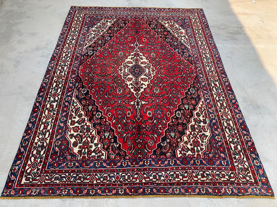 9'9" x 7'4" Hand-Knotted Persian Wool Rug – Red, Navy & Ivory Floral Medallion Design – KBHM-701