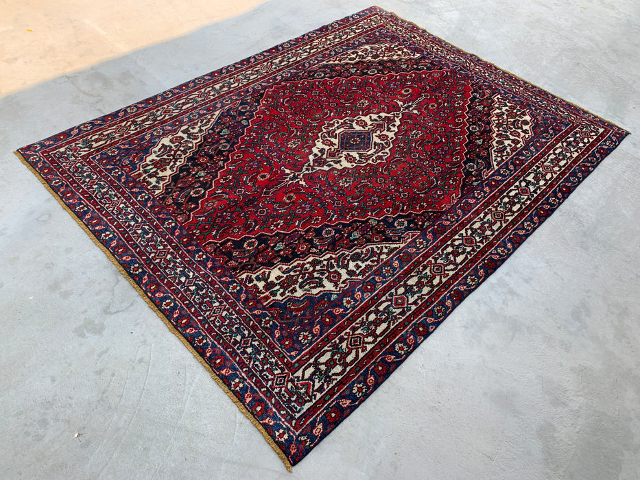 9'9" x 7'4" Hand-Knotted Persian Wool Rug – Red, Navy & Ivory Floral Medallion Design – KBHM-701