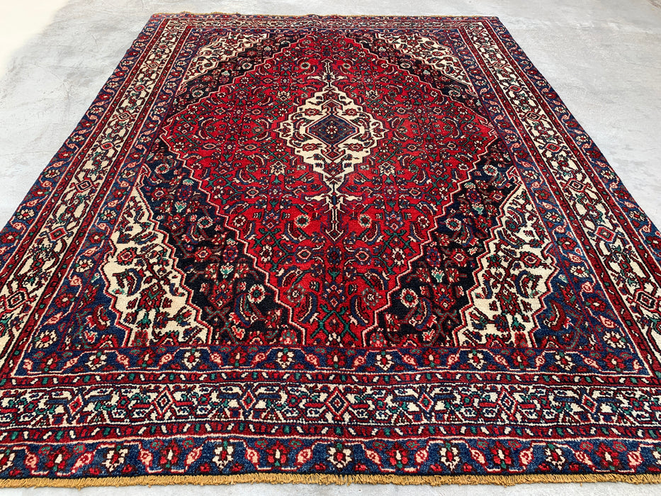 9'9" x 7'4" Hand-Knotted Persian Wool Rug – Red, Navy & Ivory Floral Medallion Design – KBHM-701