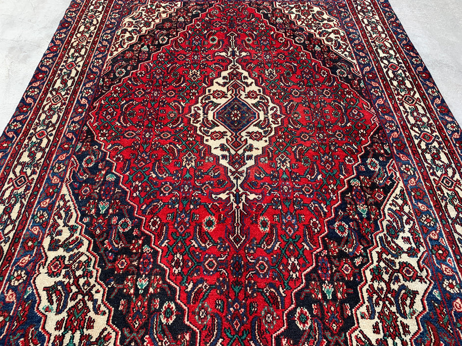 9'9" x 7'4" Hand-Knotted Persian Wool Rug – Red, Navy & Ivory Floral Medallion Design – KBHM-701