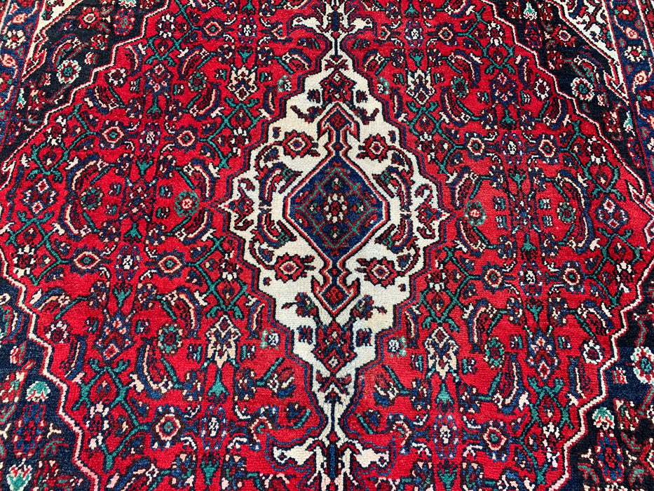 9'9" x 7'4" Hand-Knotted Persian Wool Rug – Red, Navy & Ivory Floral Medallion Design – KBHM-701