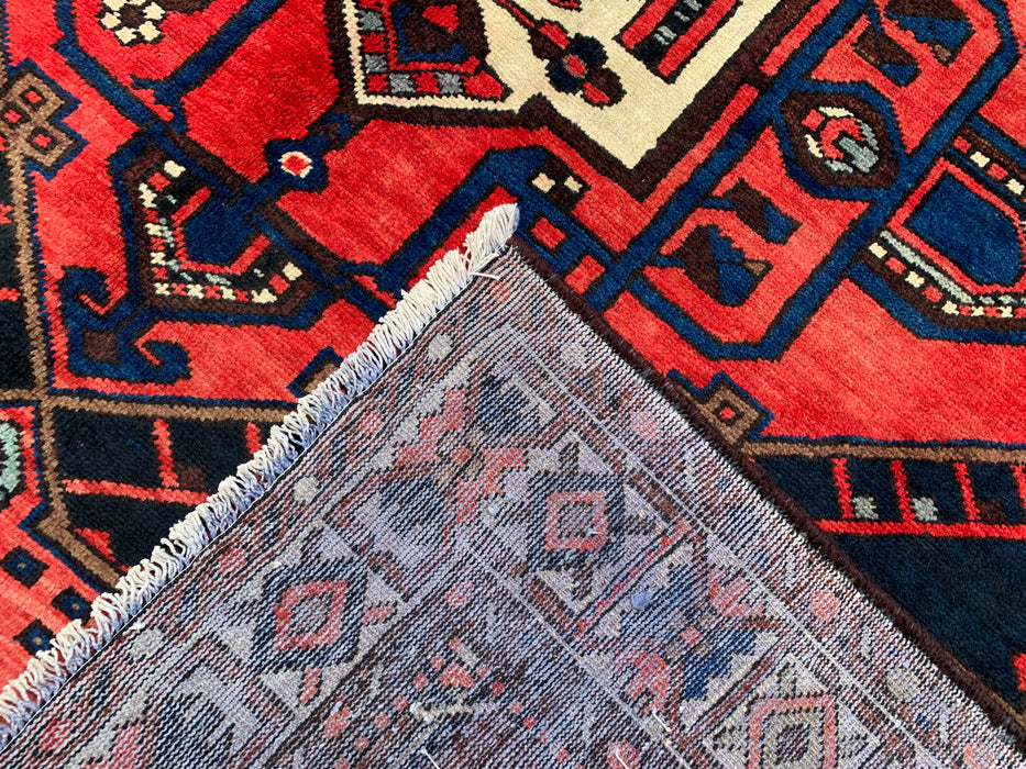 Handmade Persian Wool Area Rug 7x10 - Red, Navy & Ivory Tribal Geometric Medallion Persian Style Rug - Exact Size 10'1" x 6'8" - KBHM-702