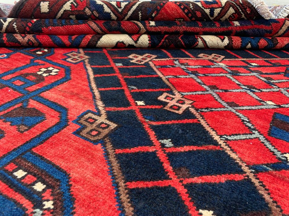 Handmade Persian Wool Area Rug 7x10 - Red, Navy & Ivory Tribal Geometric Medallion Persian Style Rug - Exact Size 10'1" x 6'8" - KBHM-702
