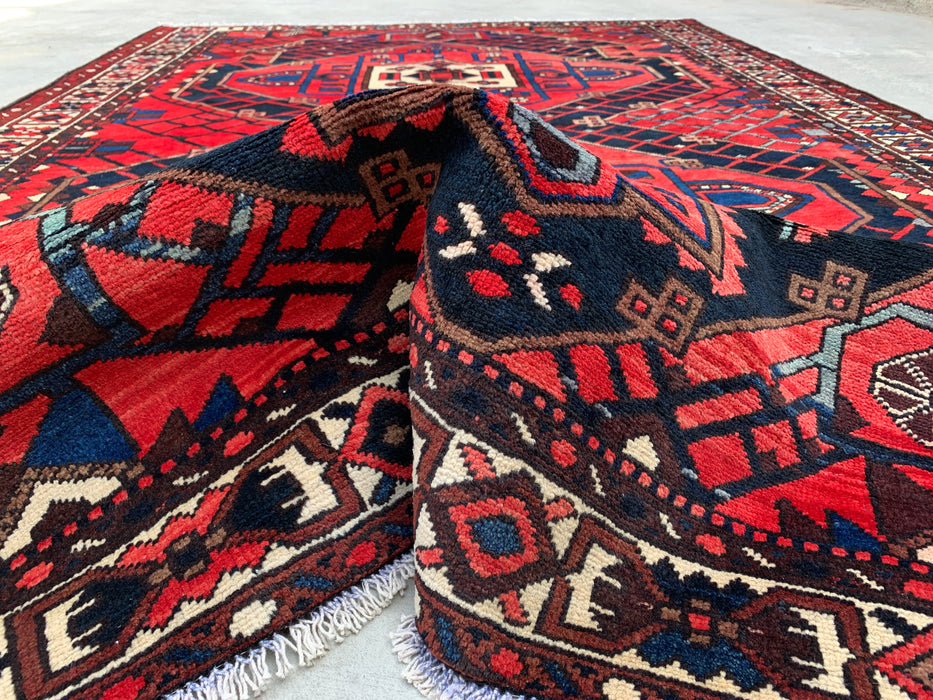 Handmade Persian Wool Area Rug 7x10 - Red, Navy & Ivory Tribal Geometric Medallion Persian Style Rug - Exact Size 10'1" x 6'8" - KBHM-702