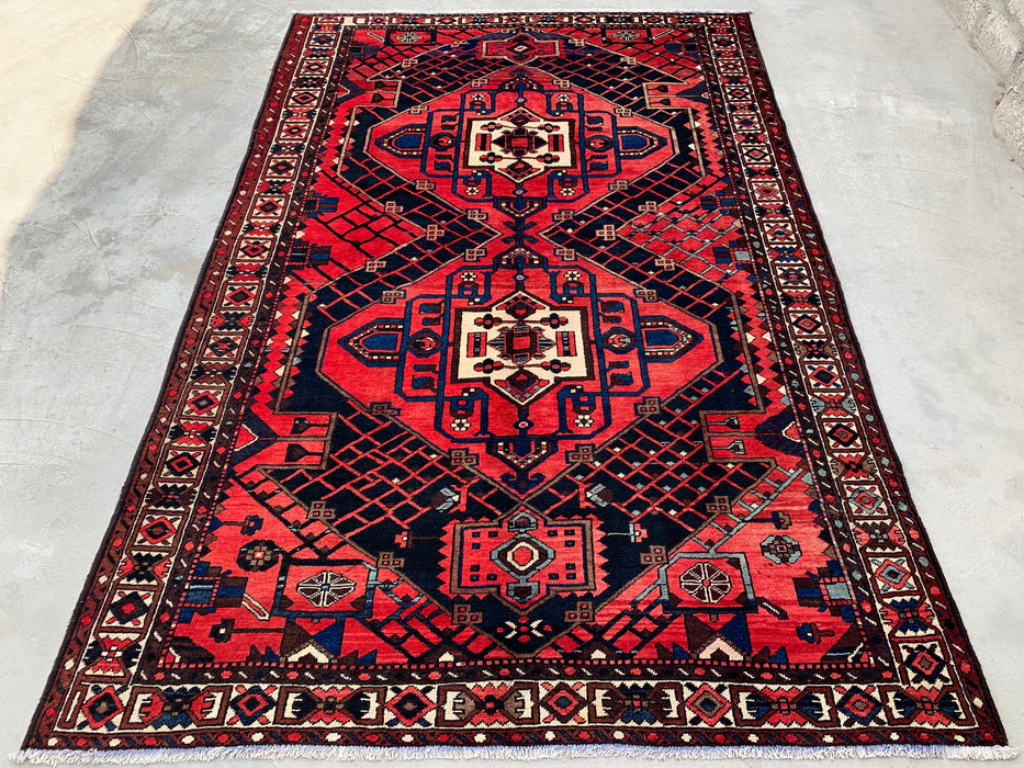 Handmade Persian Wool Area Rug 7x10 - Red, Navy & Ivory Tribal Geometric Medallion Persian Style Rug - Exact Size 10'1" x 6'8" - KBHM-702