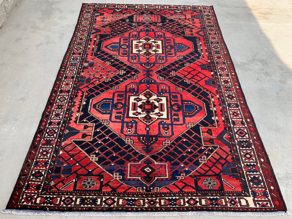 Handmade Persian Wool Area Rug 7x10 - Red, Navy & Ivory Tribal Geometric Medallion Persian Style Rug - Exact Size 10'1" x 6'8" - KBHM-702