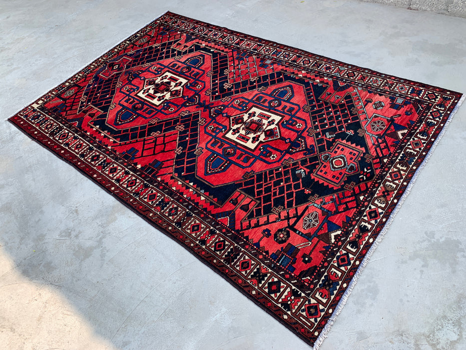 Handmade Persian Wool Area Rug 7x10 - Red, Navy & Ivory Tribal Geometric Medallion Persian Style Rug - Exact Size 10'1" x 6'8" - KBHM-702