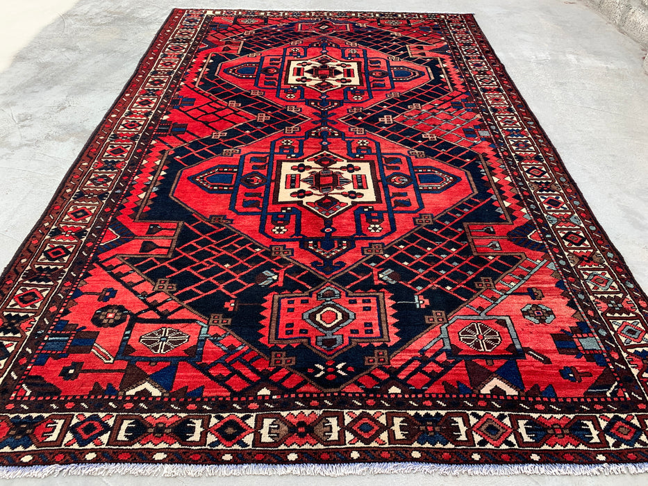 Handmade Persian Wool Area Rug 7x10 - Red, Navy & Ivory Tribal Geometric Medallion Persian Style Rug - Exact Size 10'1" x 6'8" - KBHM-702