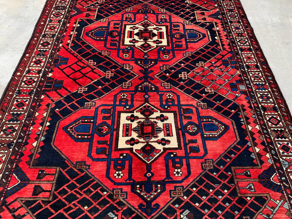 Handmade Persian Wool Area Rug 7x10 - Red, Navy & Ivory Tribal Geometric Medallion Persian Style Rug - Exact Size 10'1" x 6'8" - KBHM-702
