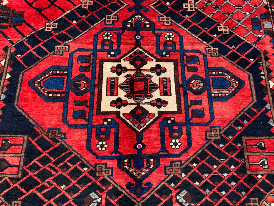 Handmade Persian Wool Area Rug 7x10 - Red, Navy & Ivory Tribal Geometric Medallion Persian Style Rug - Exact Size 10'1" x 6'8" - KBHM-702