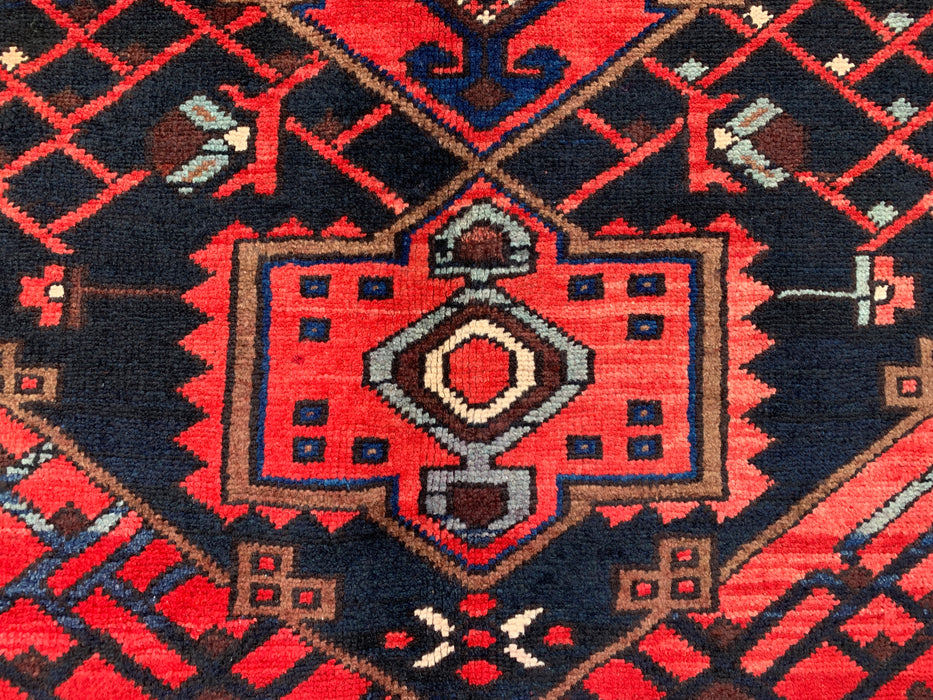 Handmade Persian Wool Area Rug 7x10 - Red, Navy & Ivory Tribal Geometric Medallion Persian Style Rug - Exact Size 10'1" x 6'8" - KBHM-702