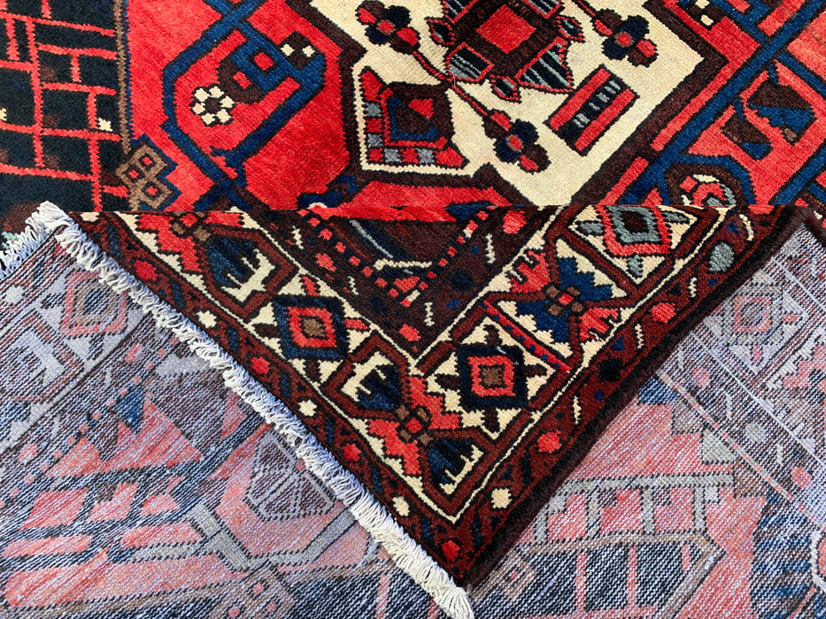 Handmade Persian Wool Area Rug 7x10 - Red, Navy & Ivory Tribal Geometric Medallion Persian Style Rug - Exact Size 10'1" x 6'8" - KBHM-702