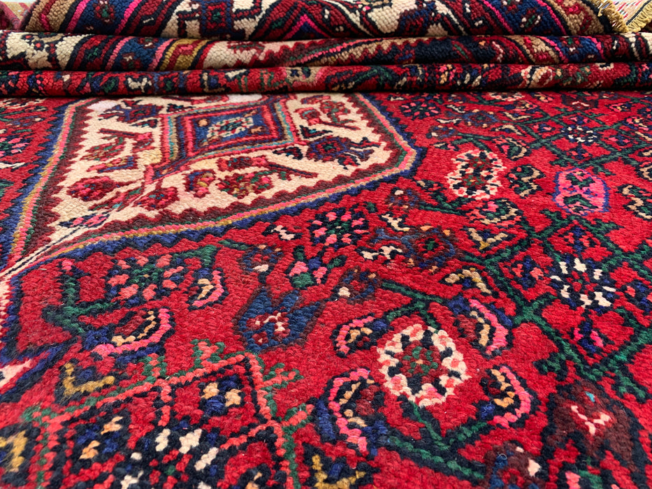 Handmade Persian Wool Area Rug 7x10 - Red, Navy & Ivory Floral Medallion Persian Style Rug - Exact Size 9'8" x 6'5" - KBHM-703