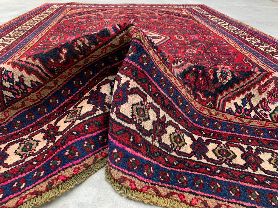 Handmade Persian Wool Area Rug 7x10 - Red, Navy & Ivory Floral Medallion Persian Style Rug - Exact Size 9'8" x 6'5" - KBHM-703