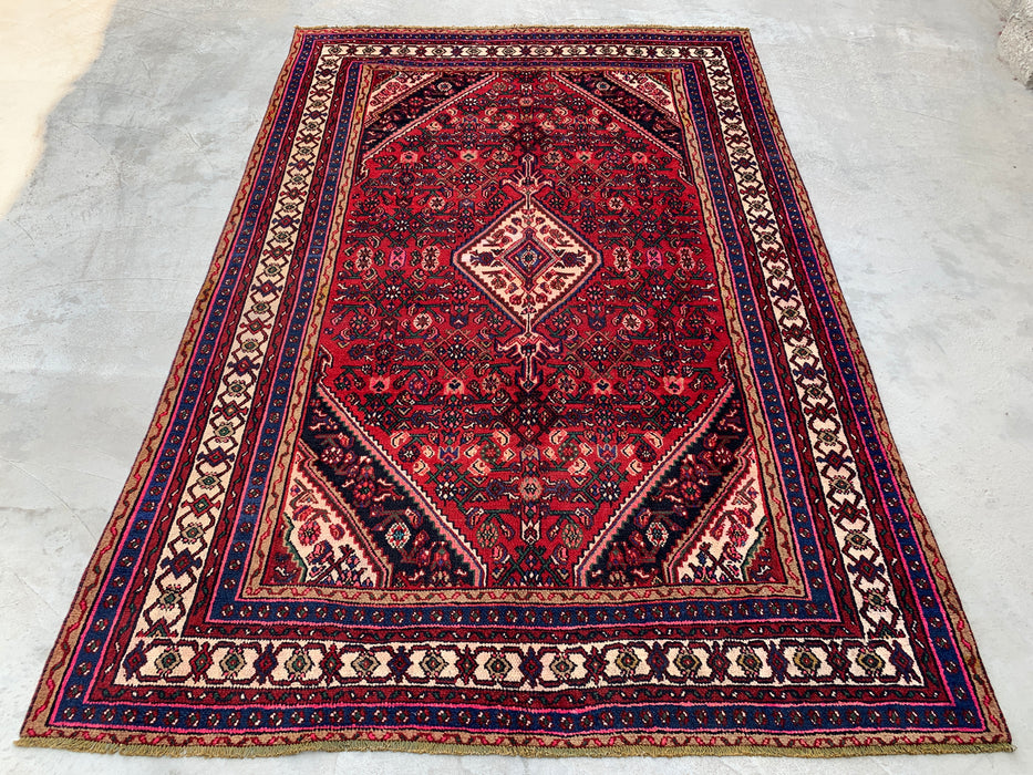 Handmade Persian Wool Area Rug 7x10 - Red, Navy & Ivory Floral Medallion Persian Style Rug - Exact Size 9'8" x 6'5" - KBHM-703