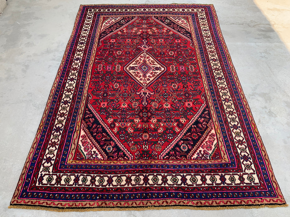 Handmade Persian Wool Area Rug 7x10 - Red, Navy & Ivory Floral Medallion Persian Style Rug - Exact Size 9'8" x 6'5" - KBHM-703