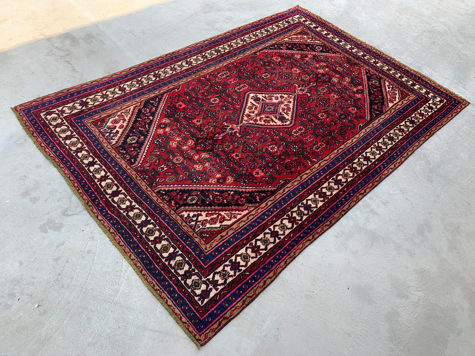 Handmade Persian Wool Area Rug 7x10 - Red, Navy & Ivory Floral Medallion Persian Style Rug - Exact Size 9'8" x 6'5" - KBHM-703