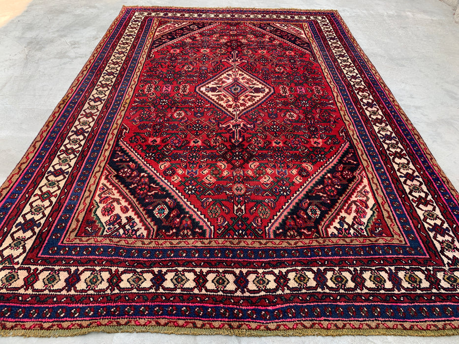 Handmade Persian Wool Area Rug 7x10 - Red, Navy & Ivory Floral Medallion Persian Style Rug - Exact Size 9'8" x 6'5" - KBHM-703