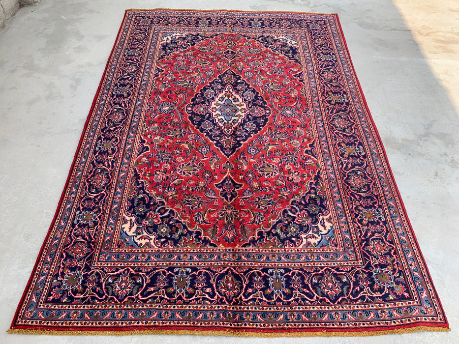 Handmade Persian Wool Area Rug 7x10 - Red, Navy & Ivory Floral Medallion Persian Style Rug - Exact Size 9'3" x 6'3" - KBHM-704