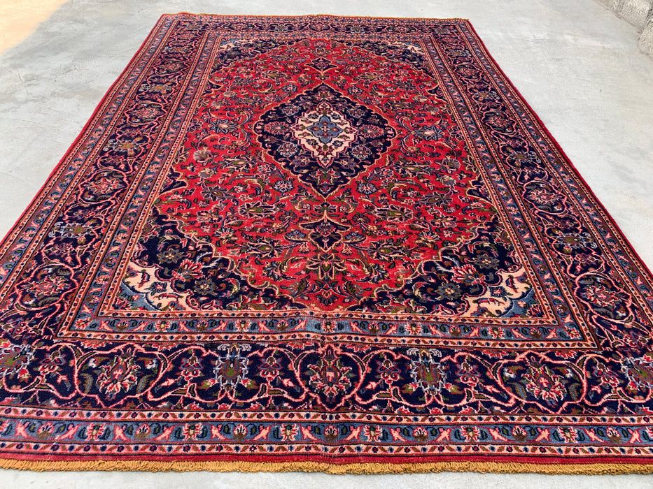 Handmade Persian Wool Area Rug 7x10 - Red, Navy & Ivory Floral Medallion Persian Style Rug - Exact Size 9'3" x 6'3" - KBHM-704