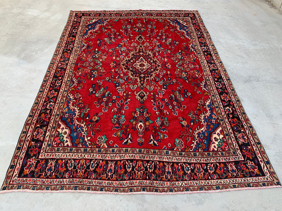 11'11" x 8'4" Hand-Knotted Persian Wool Rug – Red, Navy & Ivory Floral Medallion Design – KBHM-705