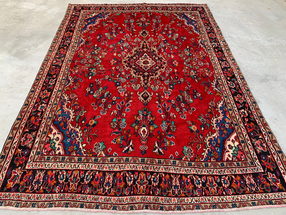 11'11" x 8'4" Hand-Knotted Persian Wool Rug – Red, Navy & Ivory Floral Medallion Design – KBHM-705