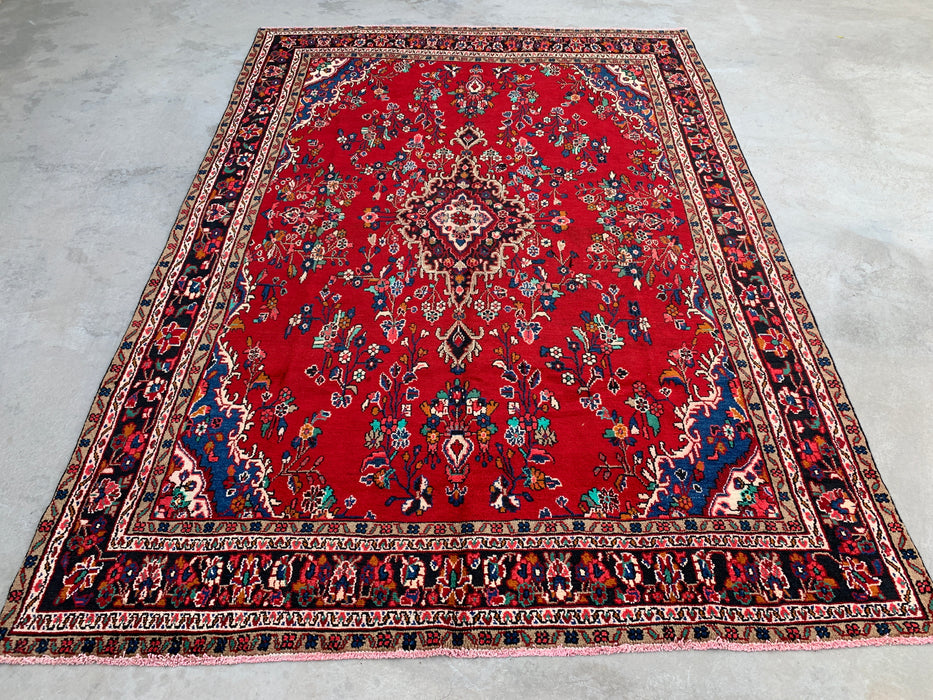 11'11" x 8'4" Hand-Knotted Persian Wool Rug – Red, Navy & Ivory Floral Medallion Design – KBHM-705